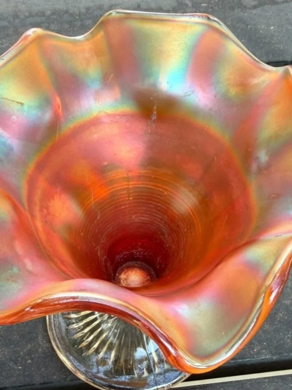 Antique Fenton Fine Rib Marigold Carnival Glass Footed Ruffled Vase c1910